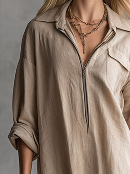 Minimalist Casual Khaki Collared Tassel Cotton-Linen Long-Sleeve Maxi Dress
