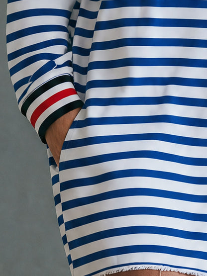 Casual Retro Color-blocked Ribbon Blue Striped Cotton Long-sleeved Mini Dress