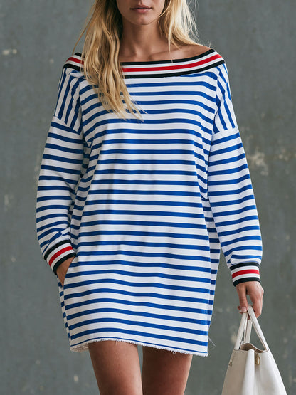 Casual Retro Color-blocked Ribbon Blue Striped Cotton Long-sleeved Mini Dress