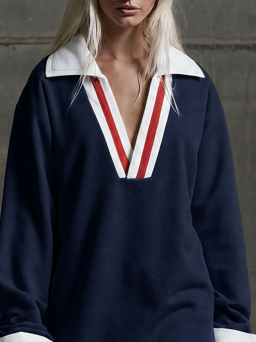 Casual Retro Color-blocked Ribbon Blue Long-sleeved Cotton Mini Dress