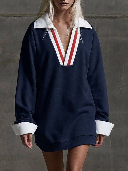 Casual Retro Color-blocked Ribbon Blue Long-sleeved Cotton Mini Dress