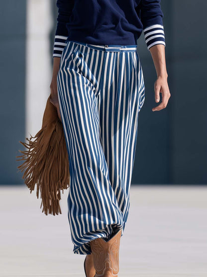 Retro Nautical Navy V-Neck Sweatshirt And Striped Wide-Leg Pants Set