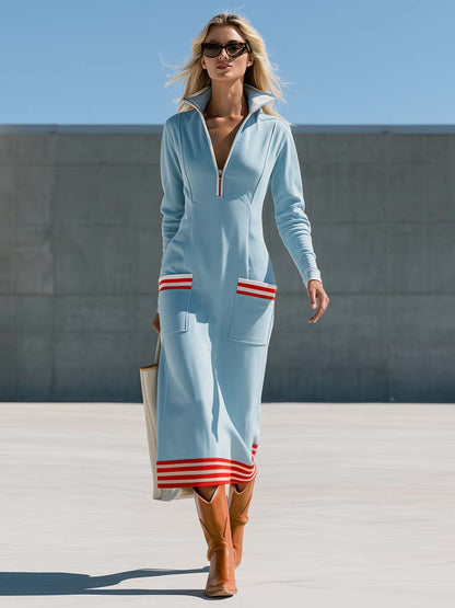 Retro Sporty Ice-Blue Half-Zip Striped Sweatshirt Maxi Dress