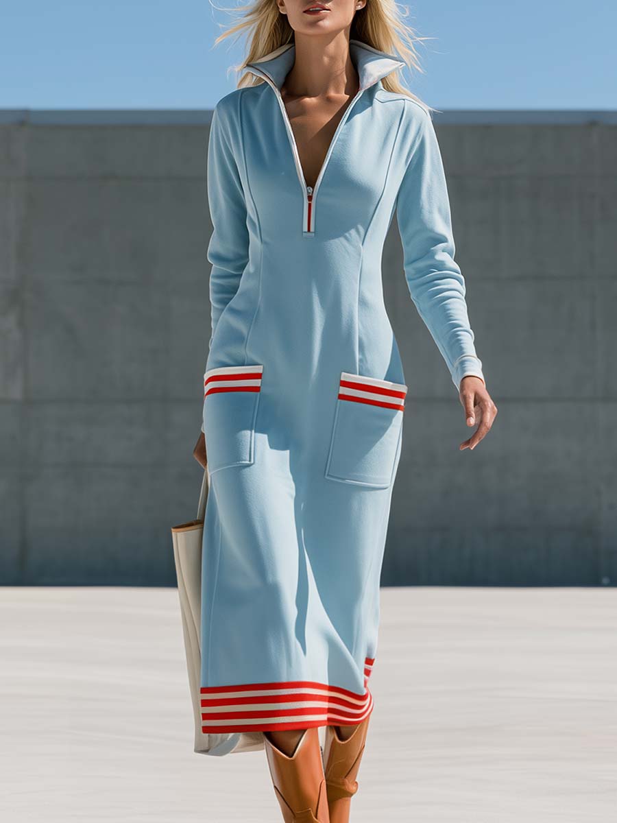 Retro Sporty Ice-Blue Half-Zip Striped Sweatshirt Maxi Dress