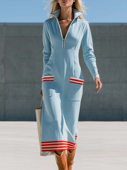 Retro Sporty Ice-Blue Half-Zip Striped Sweatshirt Maxi Dress