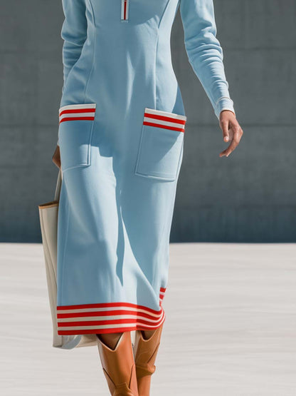 Retro Sporty Ice-Blue Half-Zip Striped Sweatshirt Maxi Dress