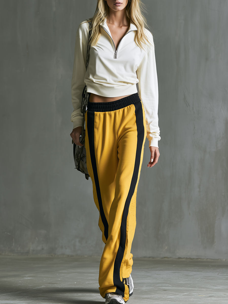 Casual Retro Off-white Cotton T-shirt And Yellow Color-blocked Pants Set