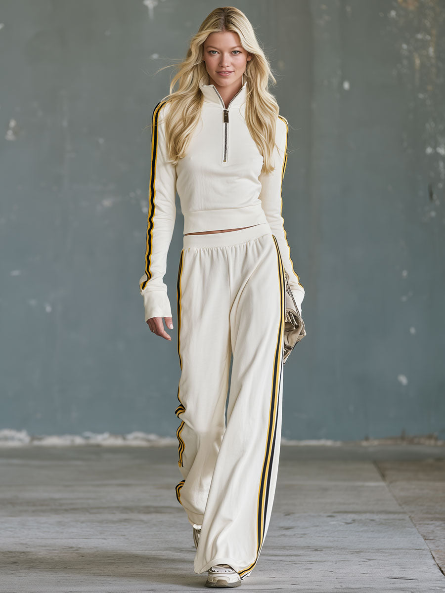 Casual Retro Color-blocked Woven Beige Stand-collar Cotton Top And Pants Set