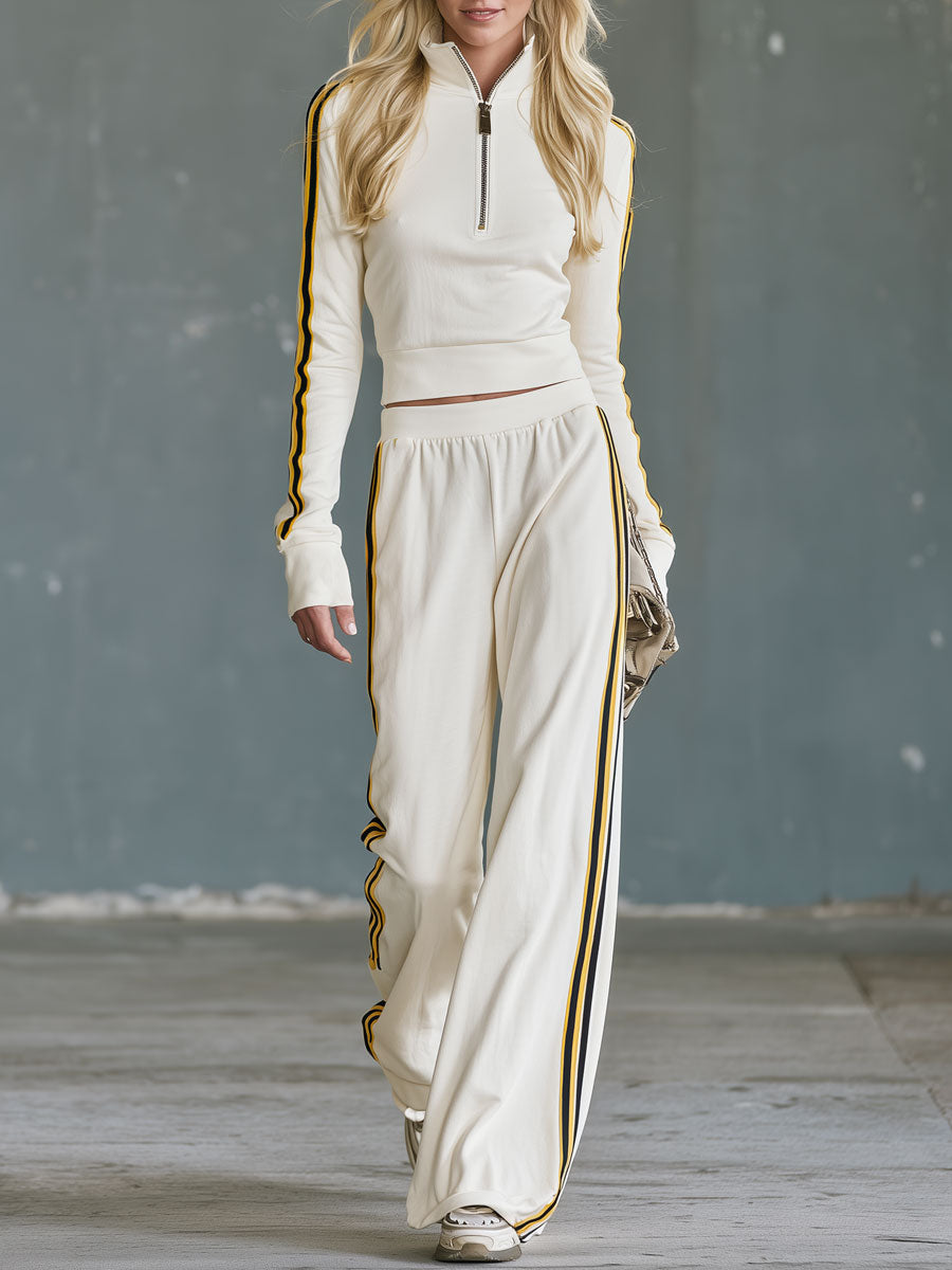 Casual Retro Color-blocked Woven Beige Stand-collar Cotton Top And Pants Set