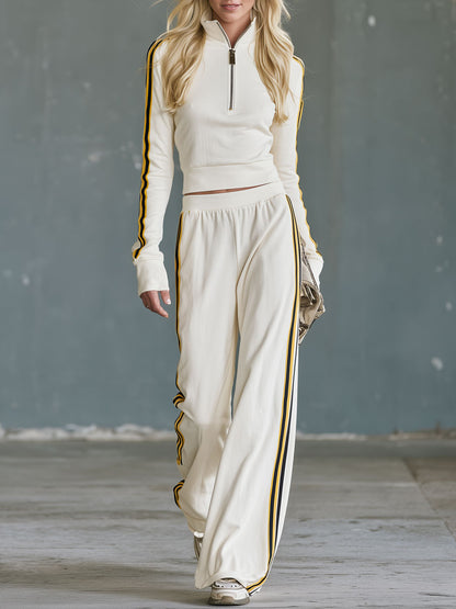 Casual Retro Color-blocked Woven Beige Stand-collar Cotton Top And Pants Set
