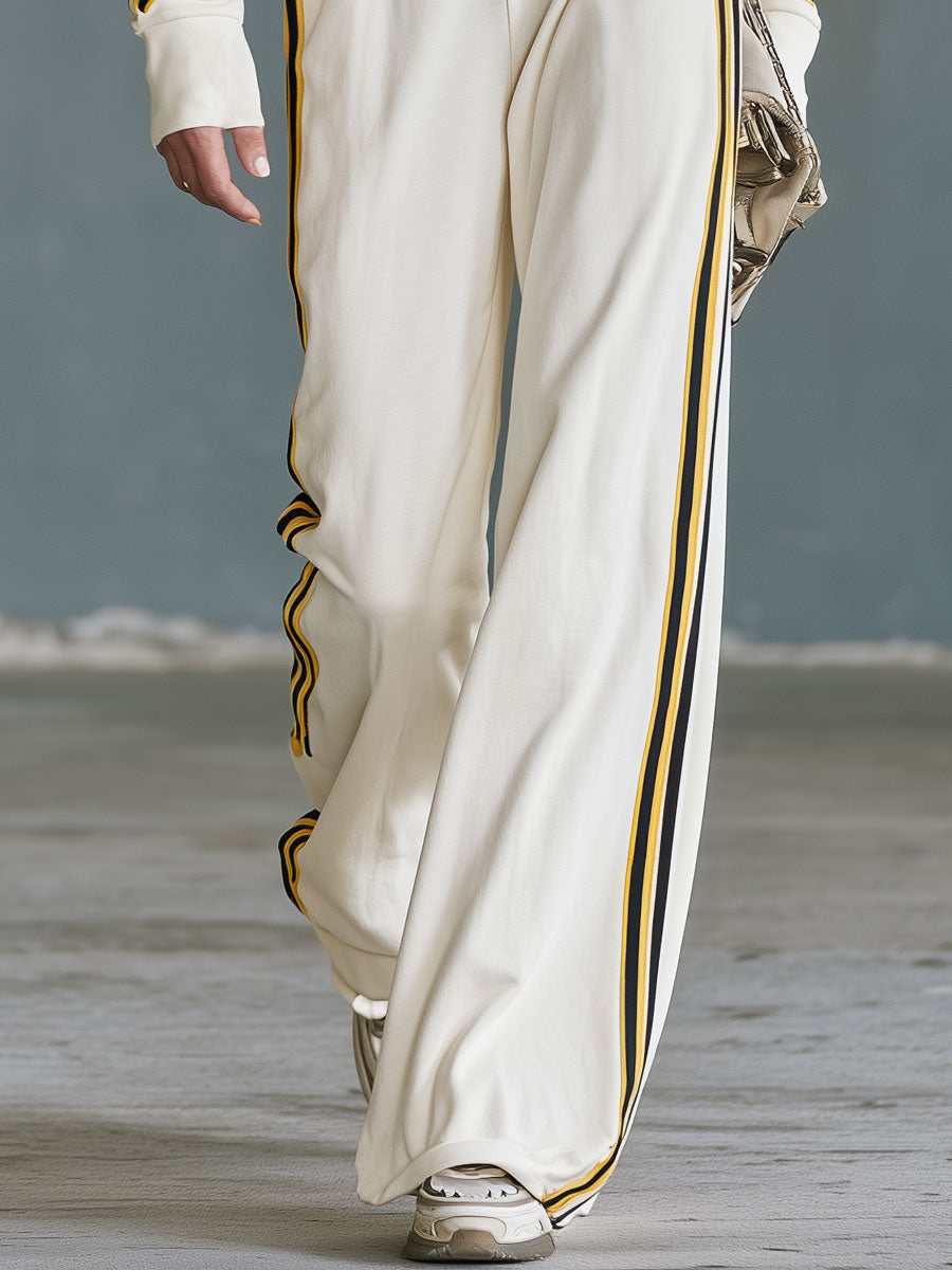 Casual Retro Color-blocked Woven Beige Stand-collar Cotton Top And Pants Set