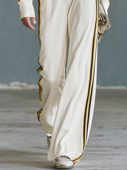 Casual Retro Color-blocked Woven Beige Stand-collar Cotton Top And Pants Set