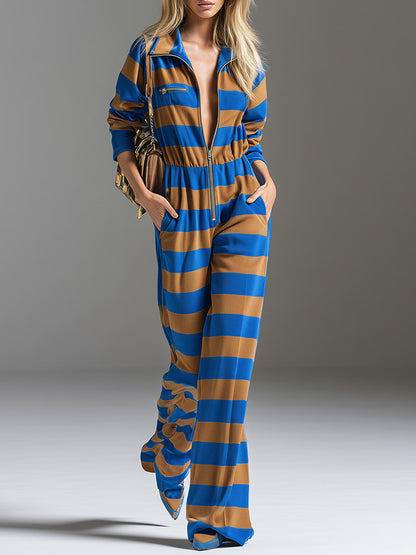 Casual-Chic Blue And Brown Striped Front-Zip Athletic Jumpsuit