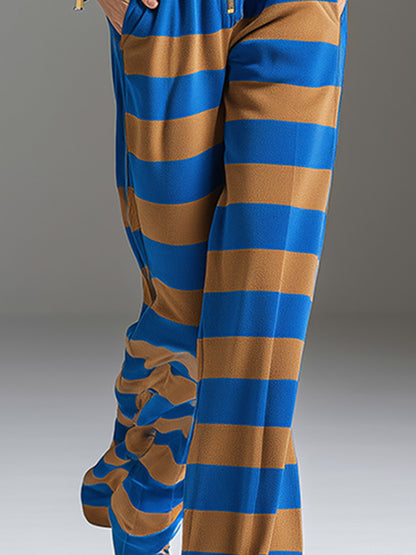 Casual-Chic Blue And Brown Striped Front-Zip Athletic Jumpsuit