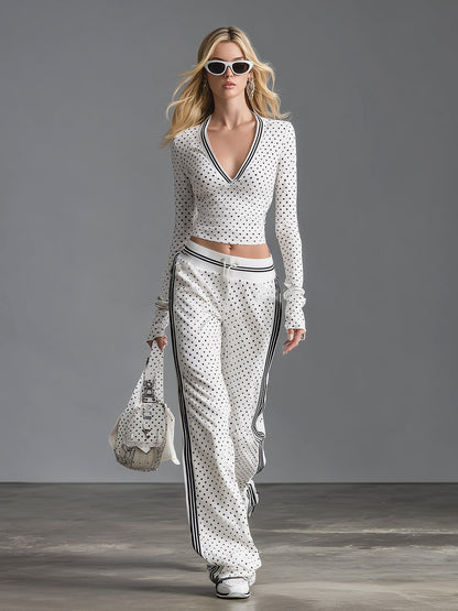 Retro Sporty Striped Trim White Polka-dot Cotton Sweatshirt And Joggers Set