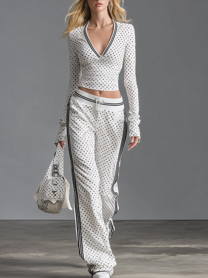 Retro Sporty Striped Trim White Polka-dot Cotton Sweatshirt And Joggers Set