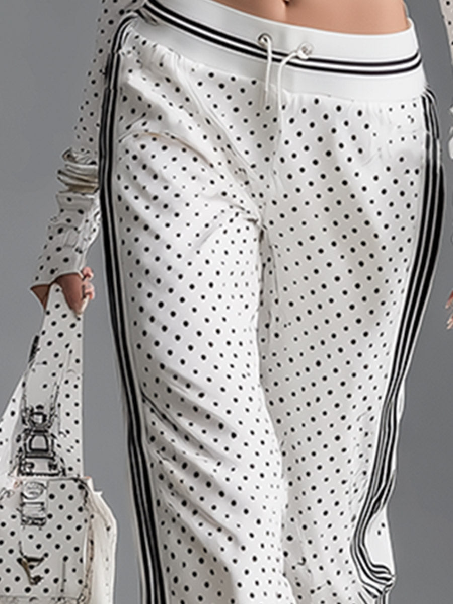 Retro Sporty Striped Trim White Polka-dot Cotton Sweatshirt And Joggers Set