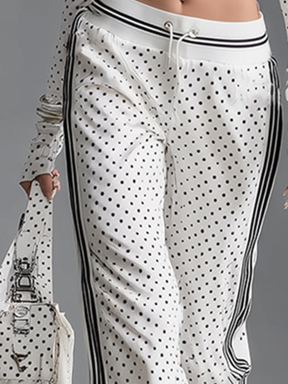 Retro Sporty Striped Trim White Polka-dot Cotton Sweatshirt And Joggers Set