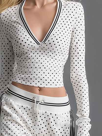 Retro Sporty Striped Trim White Polka-dot Cotton Sweatshirt And Joggers Set