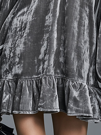 Vintage-style Casual Grey Velvet Long-sleeve Mini Dress