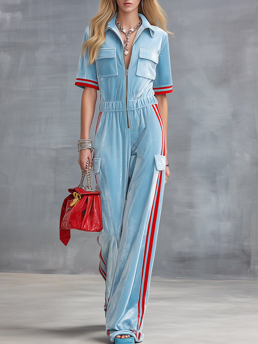 Retro-style Color-block Striped Trim Light Blue Multi-pocket Velour Short-sleeve Jumpsuit