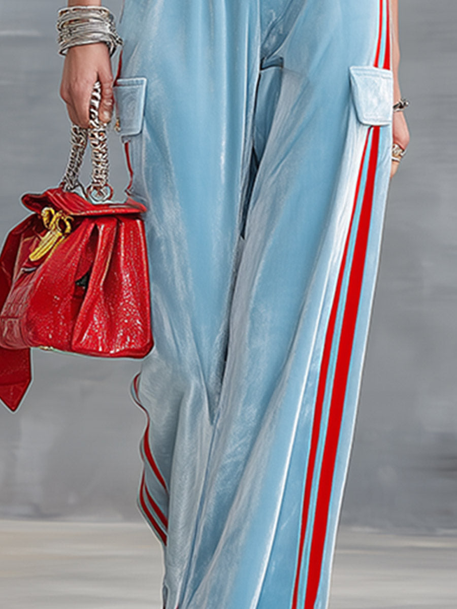 Retro-style Color-block Striped Trim Light Blue Multi-pocket Velour Short-sleeve Jumpsuit