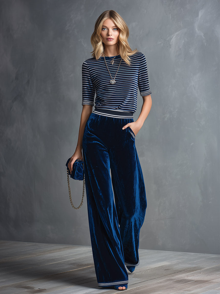 Classic And Elegant Blue Striped T-shirt And Wide-leg Velvet Trouser Set