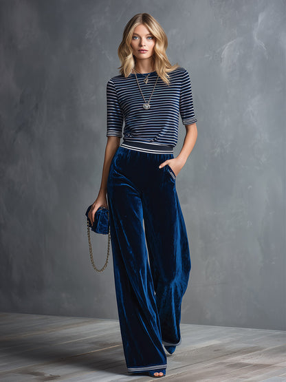 Classic And Elegant Blue Striped T-shirt And Wide-leg Velvet Trouser Set