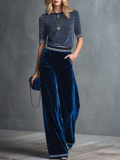 Classic And Elegant Blue Striped T-shirt And Wide-leg Velvet Trouser Set