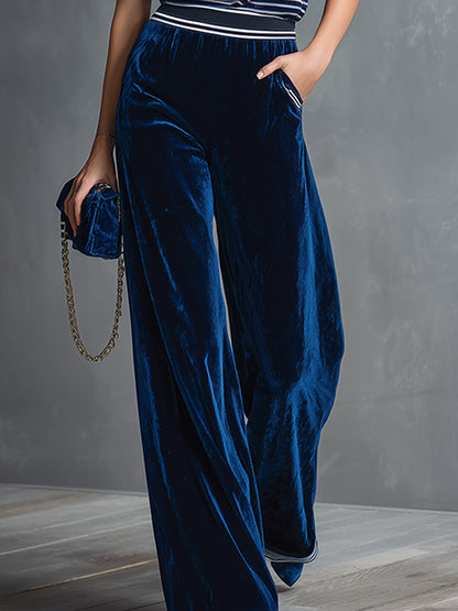 Classic And Elegant Blue Striped T-shirt And Wide-leg Velvet Trouser Set