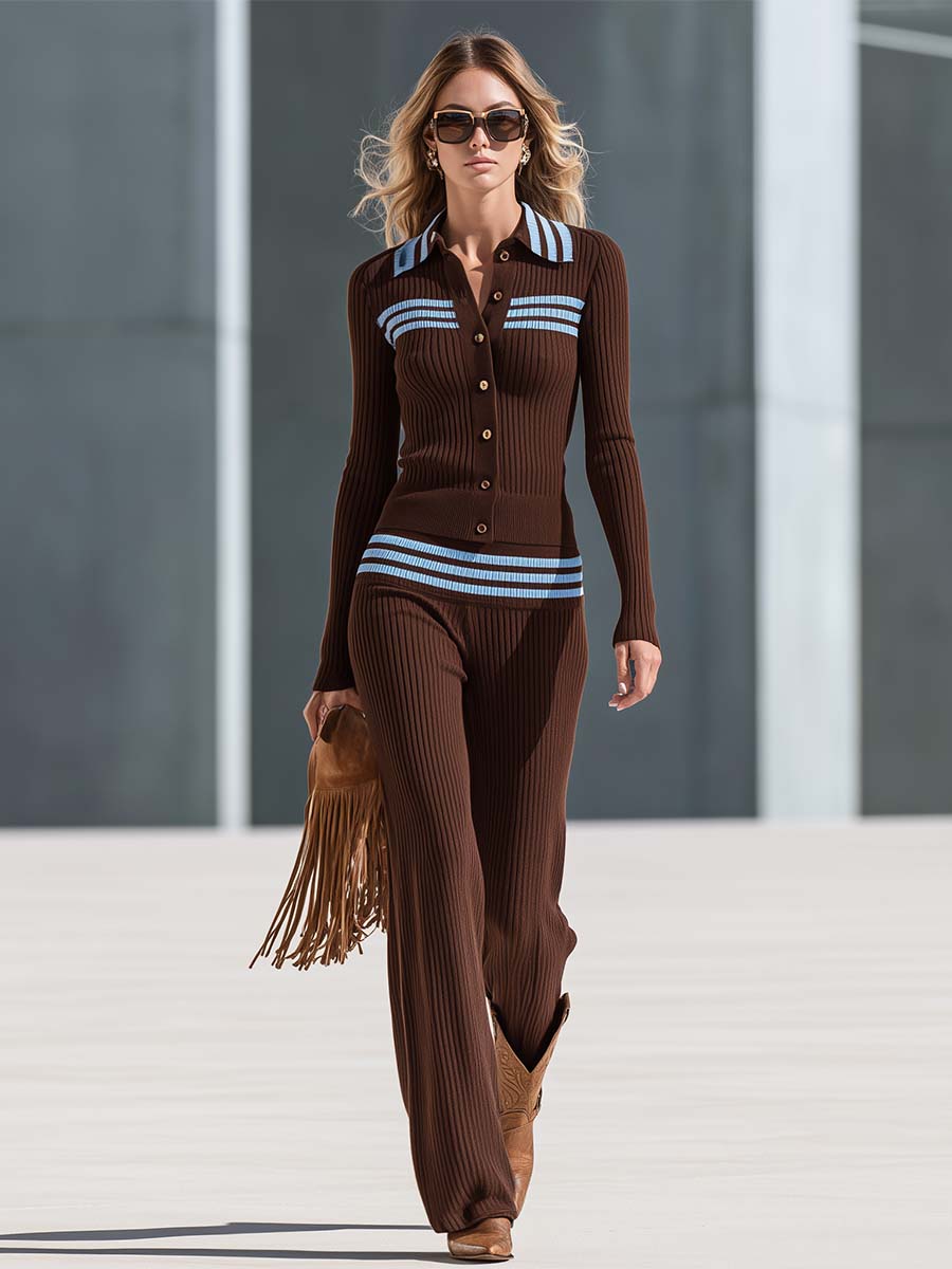 Retro Brown Striped Ribbed Knit Button Top And Pants Set