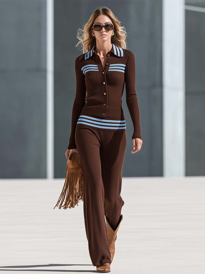Retro Brown Striped Ribbed Knit Button Top And Pants Set