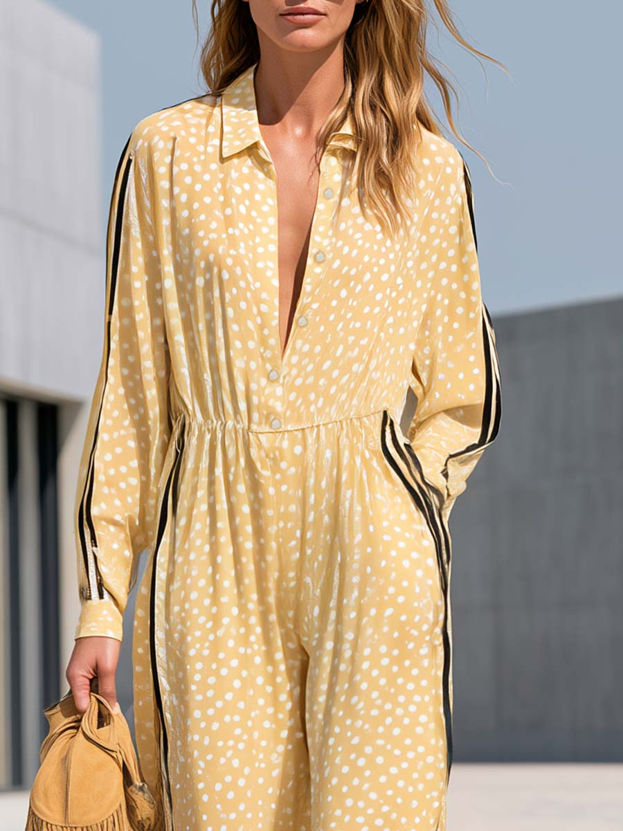 Retro Sporty Yellow Polka-Dot Chiffon Side-Stripe Wide-Leg Jumpsuit