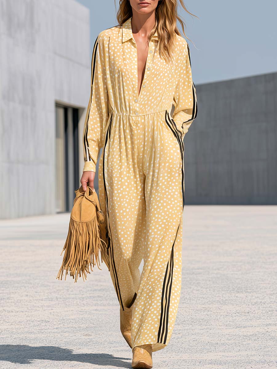 Retro Sporty Yellow Polka-Dot Chiffon Side-Stripe Wide-Leg Jumpsuit