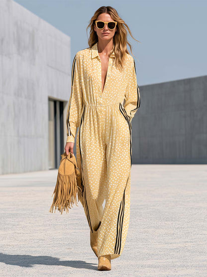 Retro Sporty Yellow Polka-Dot Chiffon Side-Stripe Wide-Leg Jumpsuit