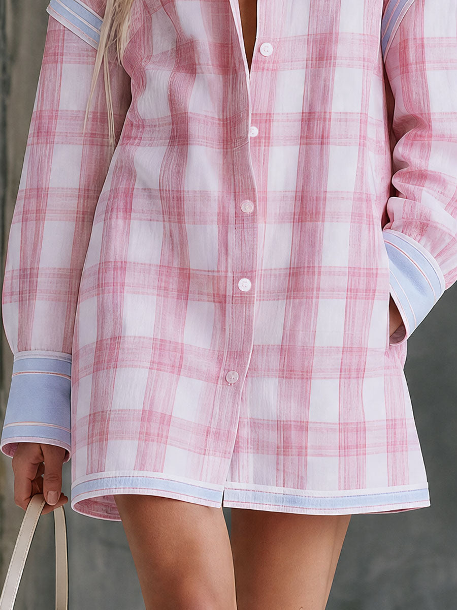 Casual Retro Blue Trim Pink Plaid Collar Button Mini Dress