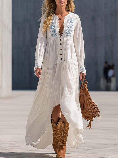 Boho Western White Embroidered Button-Front Cotton-Linen Maxi Dress