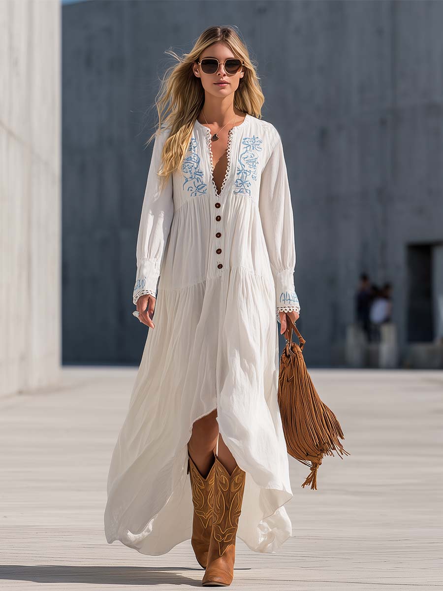 Boho Western White Embroidered Button-Front Cotton-Linen Maxi Dress