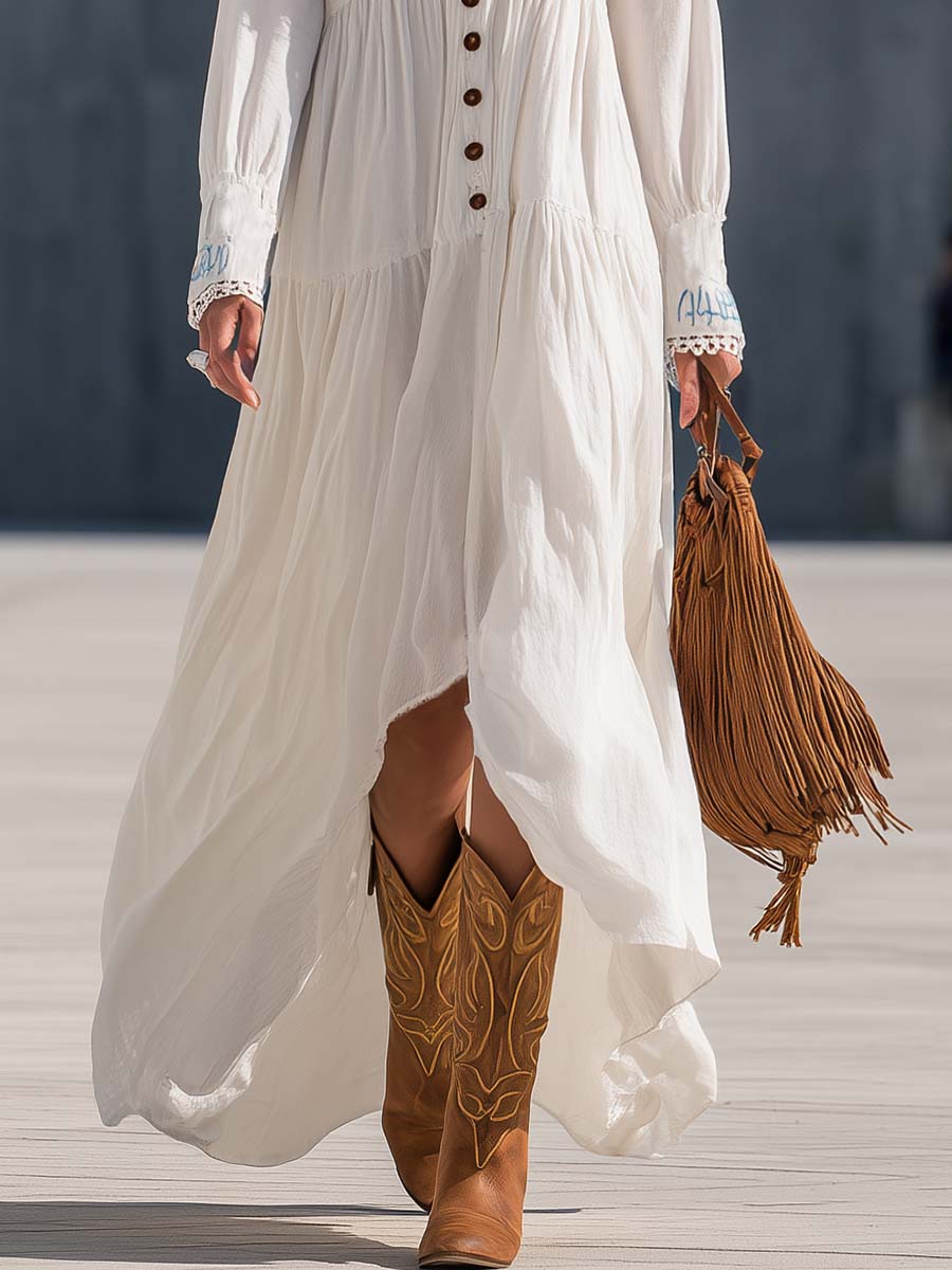 Boho Western White Embroidered Button-Front Cotton-Linen Maxi Dress