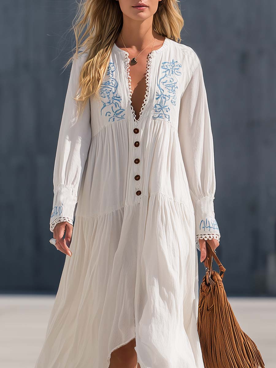 Boho Western White Embroidered Button-Front Cotton-Linen Maxi Dress