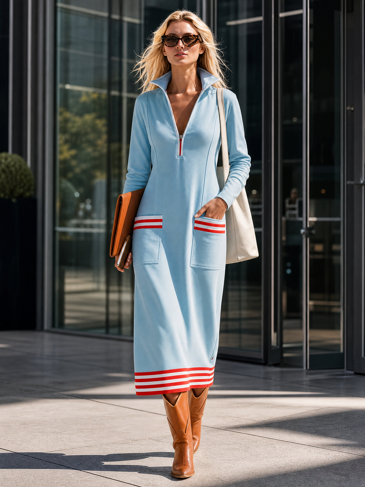 Retro Sporty Ice-Blue Half-Zip Striped Sweatshirt Maxi Dress