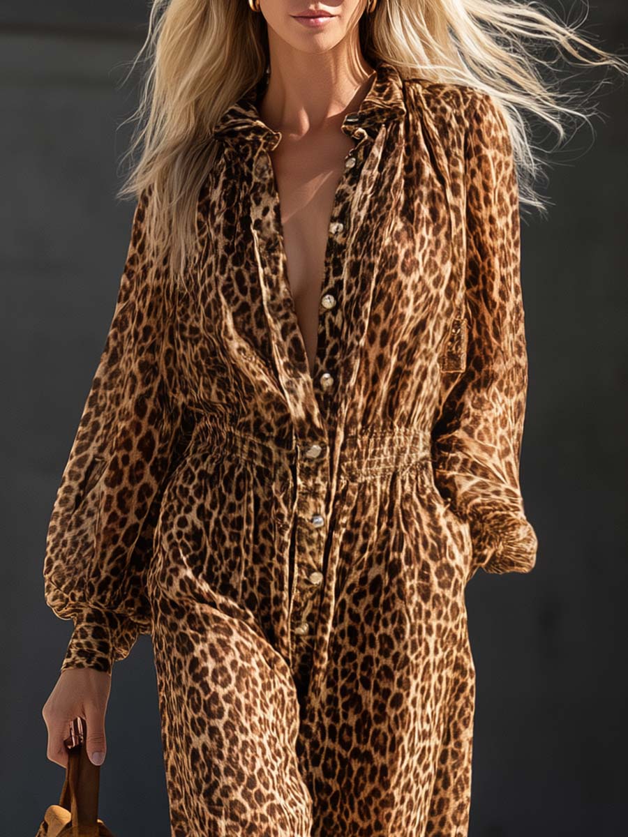 Western Leopard Print Chiffon Smocked-Waist Wide-Leg Jumpsuit