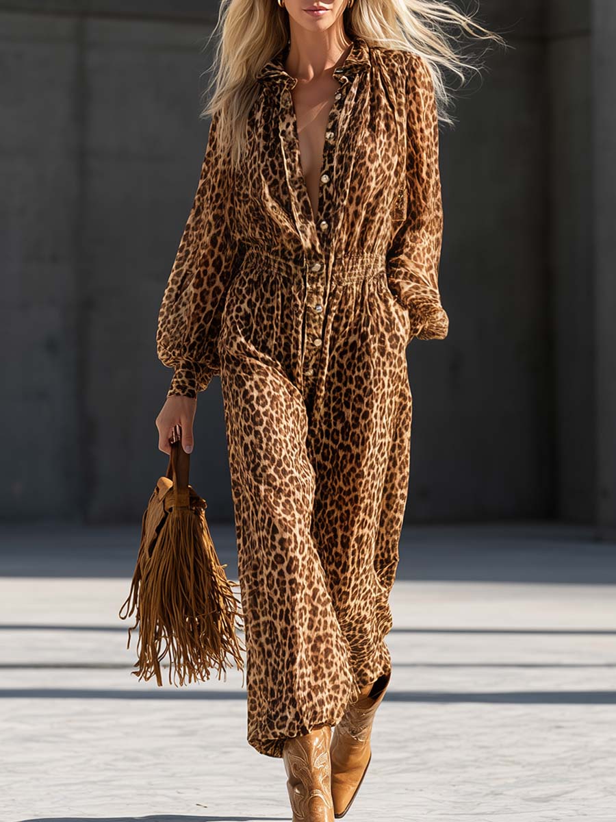 Western Leopard Print Chiffon Smocked-Waist Wide-Leg Jumpsuit