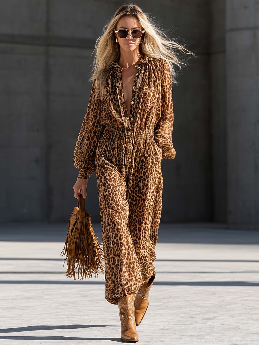 Western Leopard Print Chiffon Smocked-Waist Wide-Leg Jumpsuit