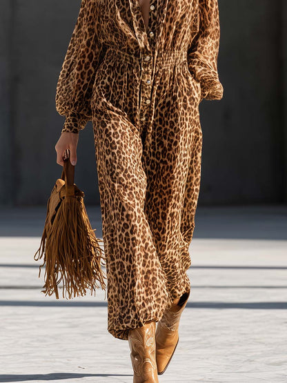 Western Leopard Print Chiffon Smocked-Waist Wide-Leg Jumpsuit