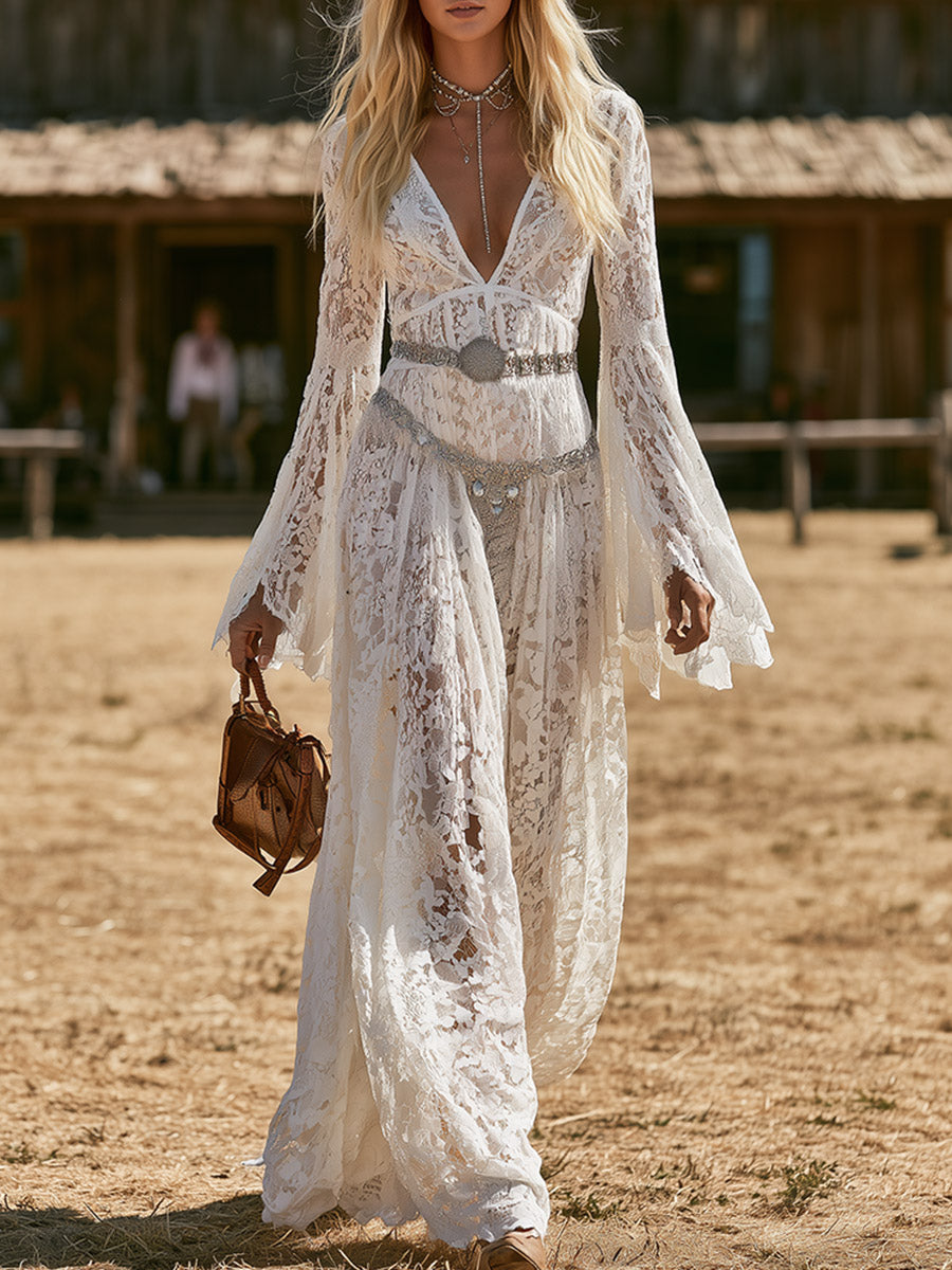 Vintage-style Western White Lace V-neck Maxi Dress