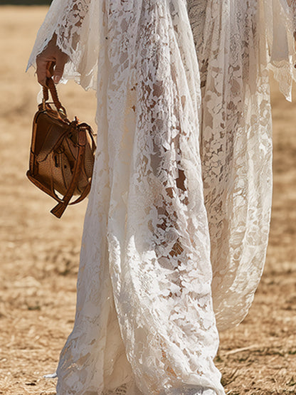 Vintage-style Western White Lace V-neck Maxi Dress