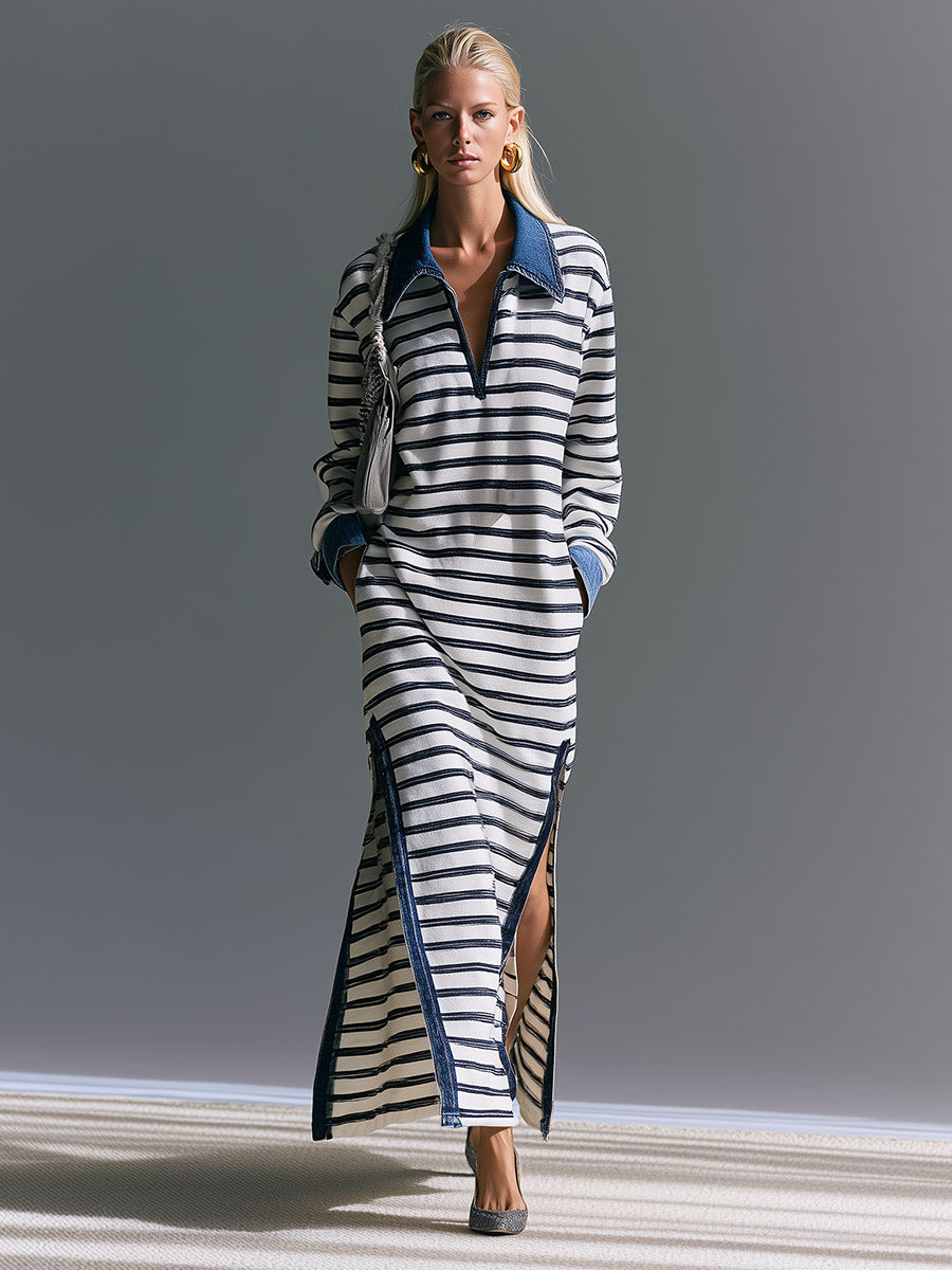 Vintage-style Casual Denim-collar Striped Cotton Long-sleeve Maxi Dress