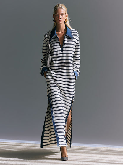 Vintage-style Casual Denim-collar Striped Cotton Long-sleeve Maxi Dress