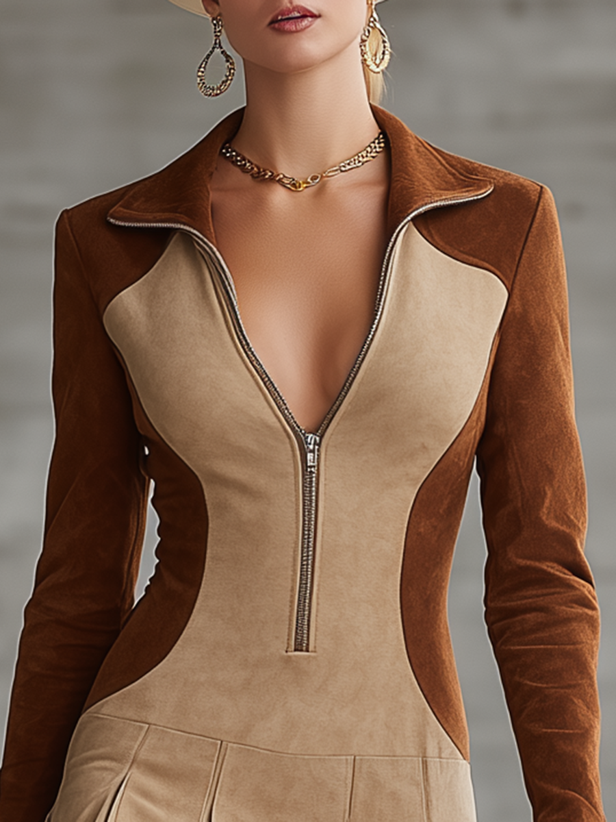 Western-style Patchwork Suede Skirt With A Fold-over Collar
